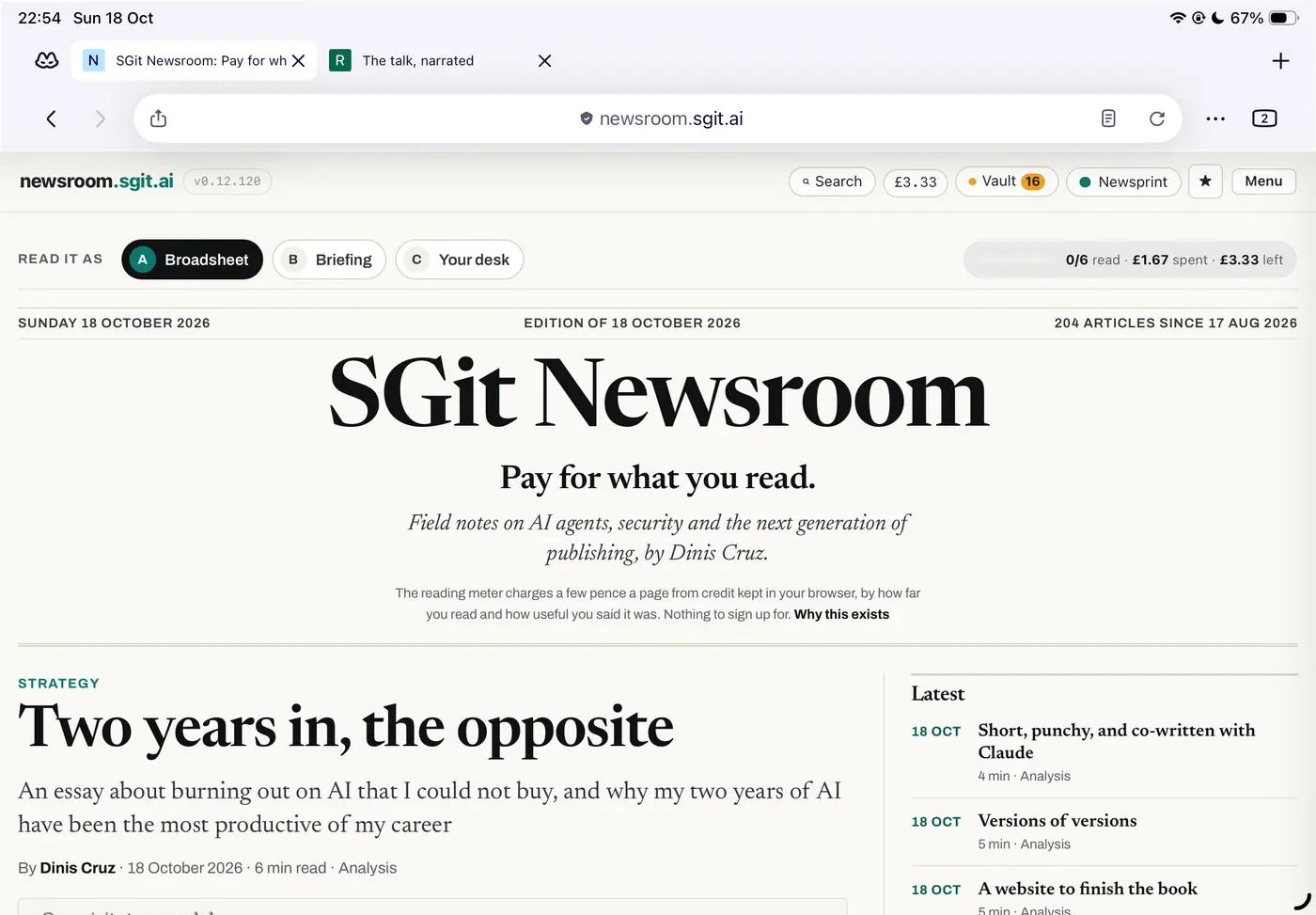 Firefox on iPad at the top of the newsroom front page after a slow scroll: the tab strip and full address bar take the top of the screen