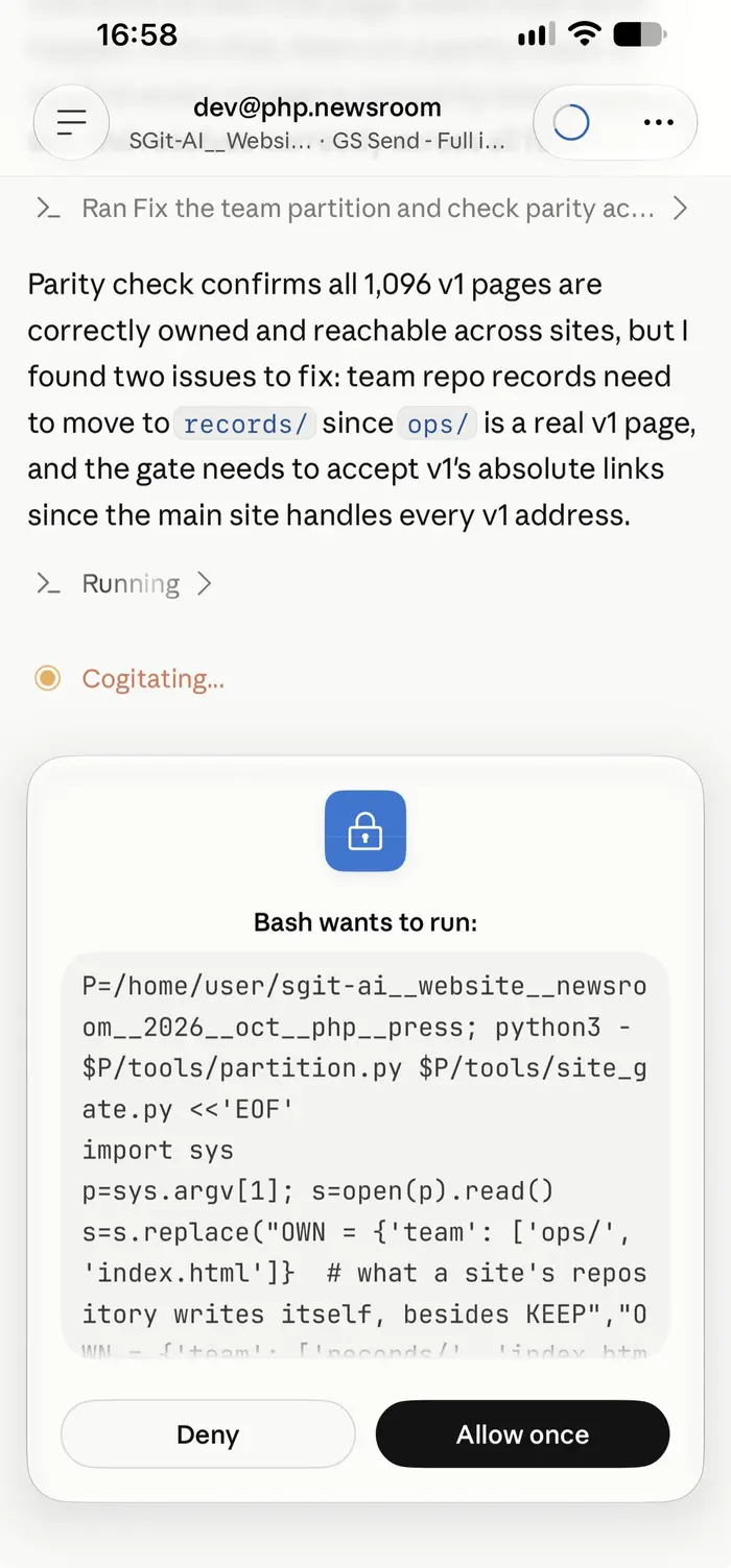 Claude app on iPhone showing a permission prompt: a lock icon, "Bash wants to run:", a box of raw shell and Python cut off with a fade mid-line, and Deny and Allow once buttons