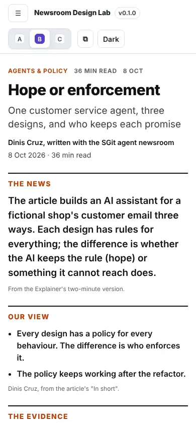 An article, reordered, B · Briefing, at phone width