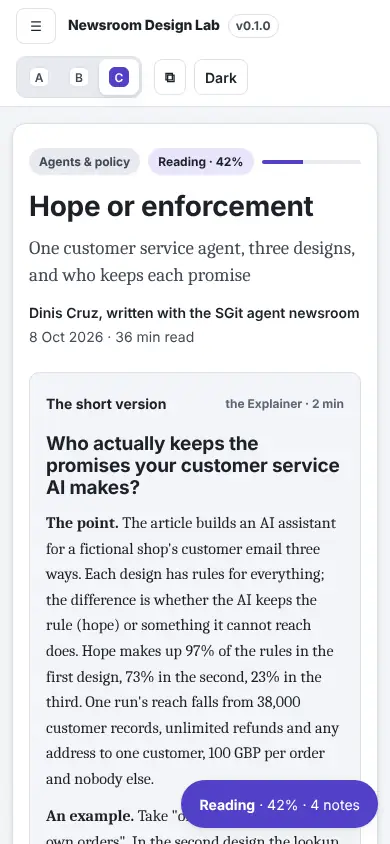 An article, reordered, C · Your desk, at phone width