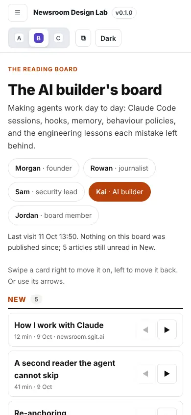 The reading board, B · Briefing, at phone width