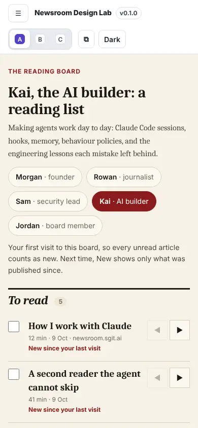The reading board, A · Broadsheet, at phone width