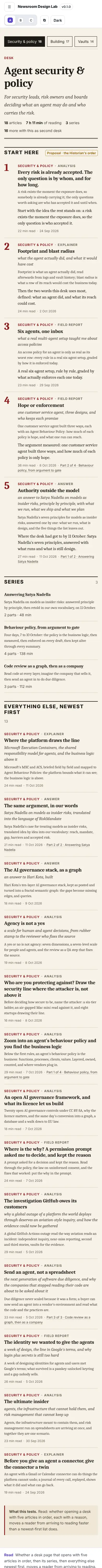 A desk page: start here, series, the rest, A · Broadsheet, at phone width