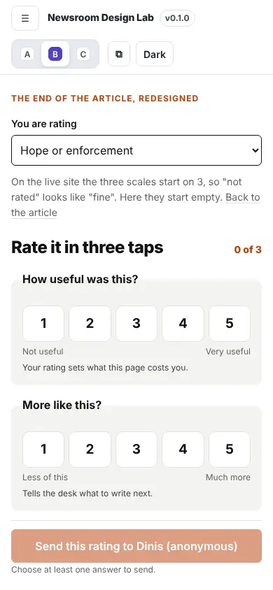 Feedback that starts empty and reaches someone, B · Briefing, at phone width