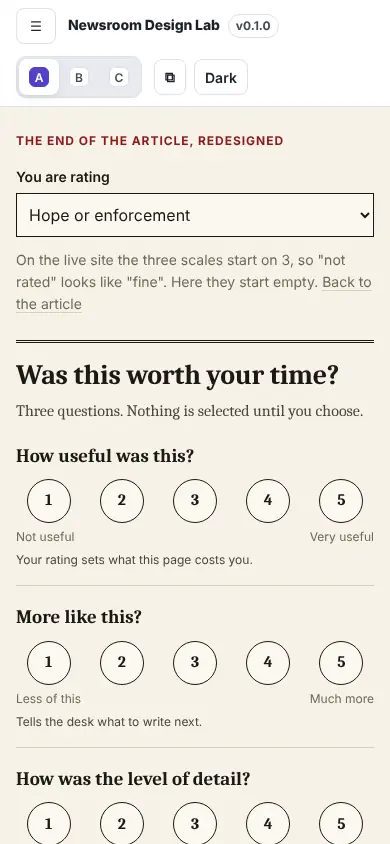 Feedback that starts empty and reaches someone, A · Broadsheet, at phone width