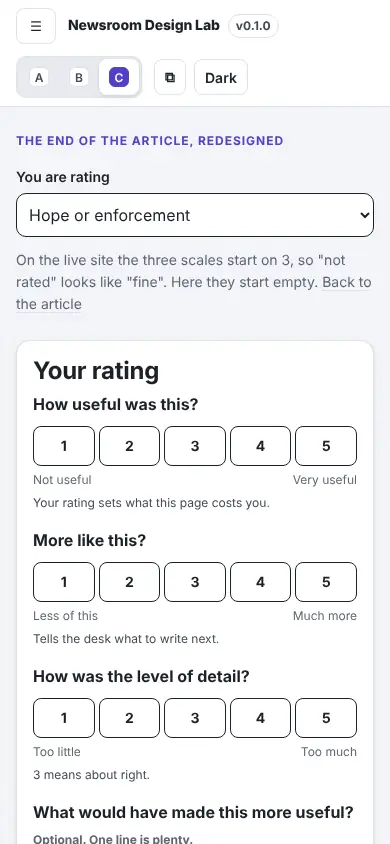 Feedback that starts empty and reaches someone, C · Your desk, at phone width