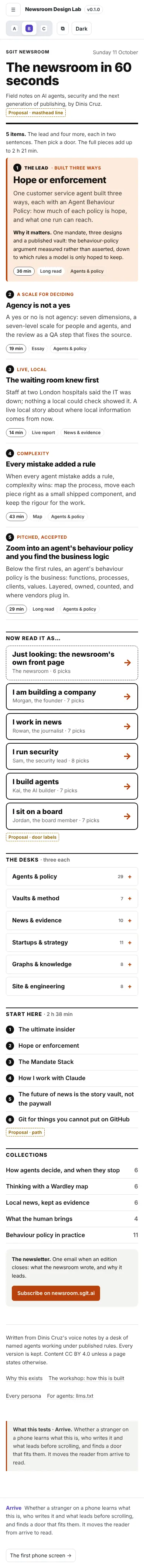 The front page as the neutral persona, B · Briefing, at phone width