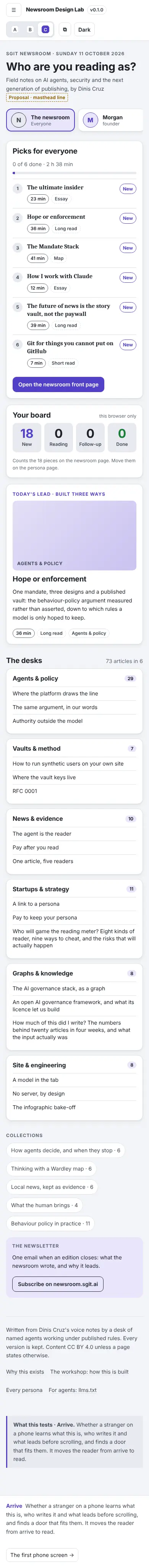 The front page as the neutral persona, C · Your desk, at phone width