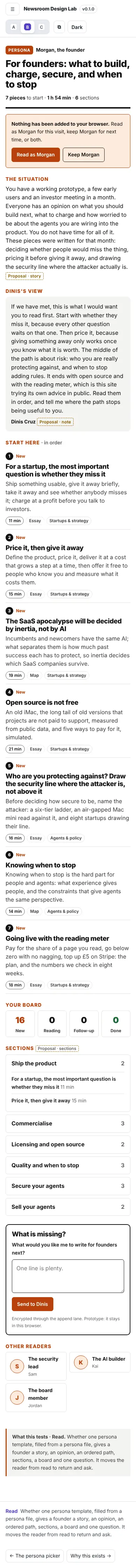The founder mini-site, B · Briefing, at phone width