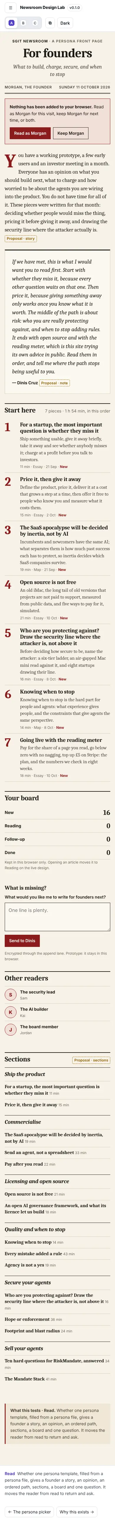 The founder mini-site, A · Broadsheet, at phone width